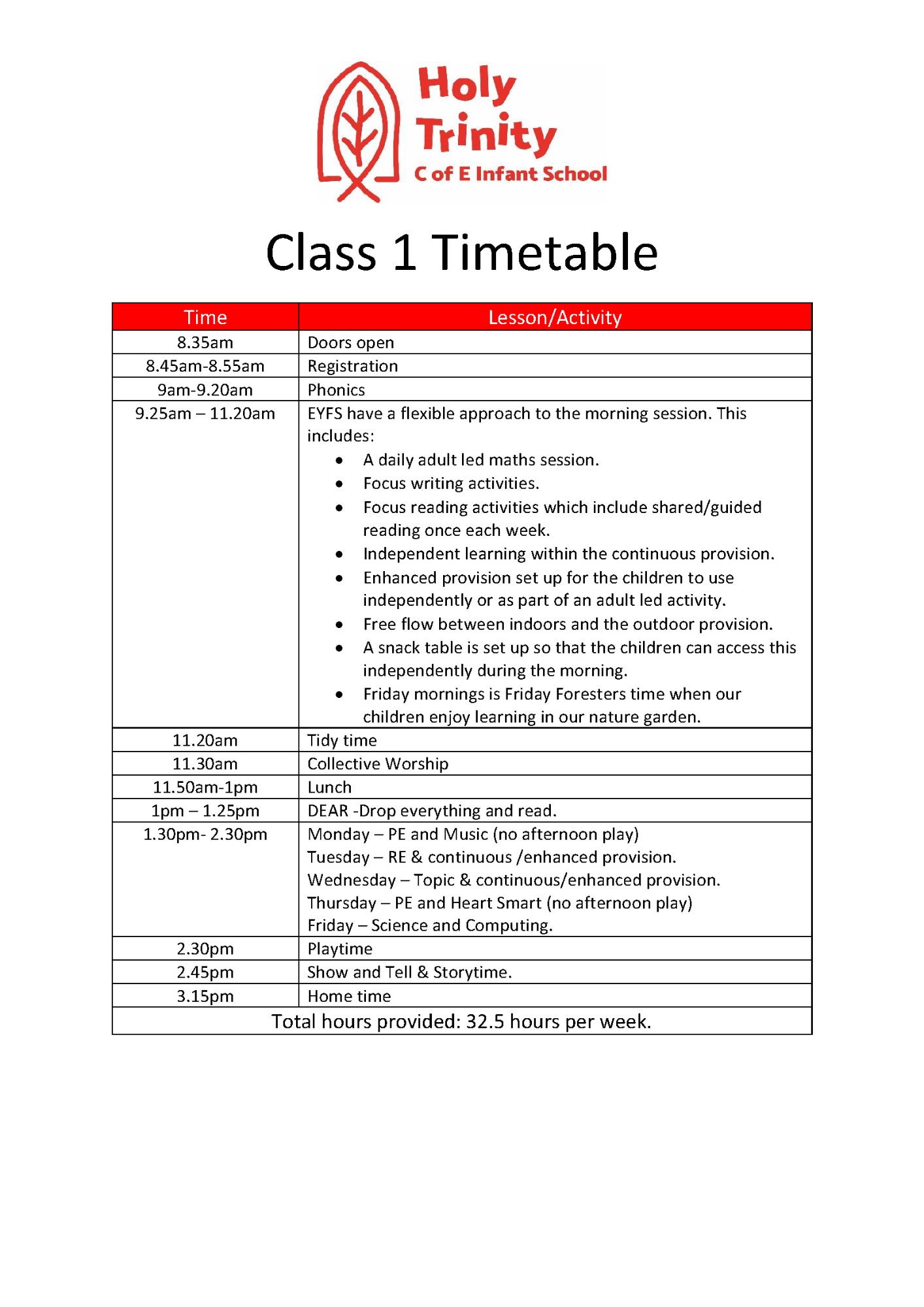 Class 1 Timetable image