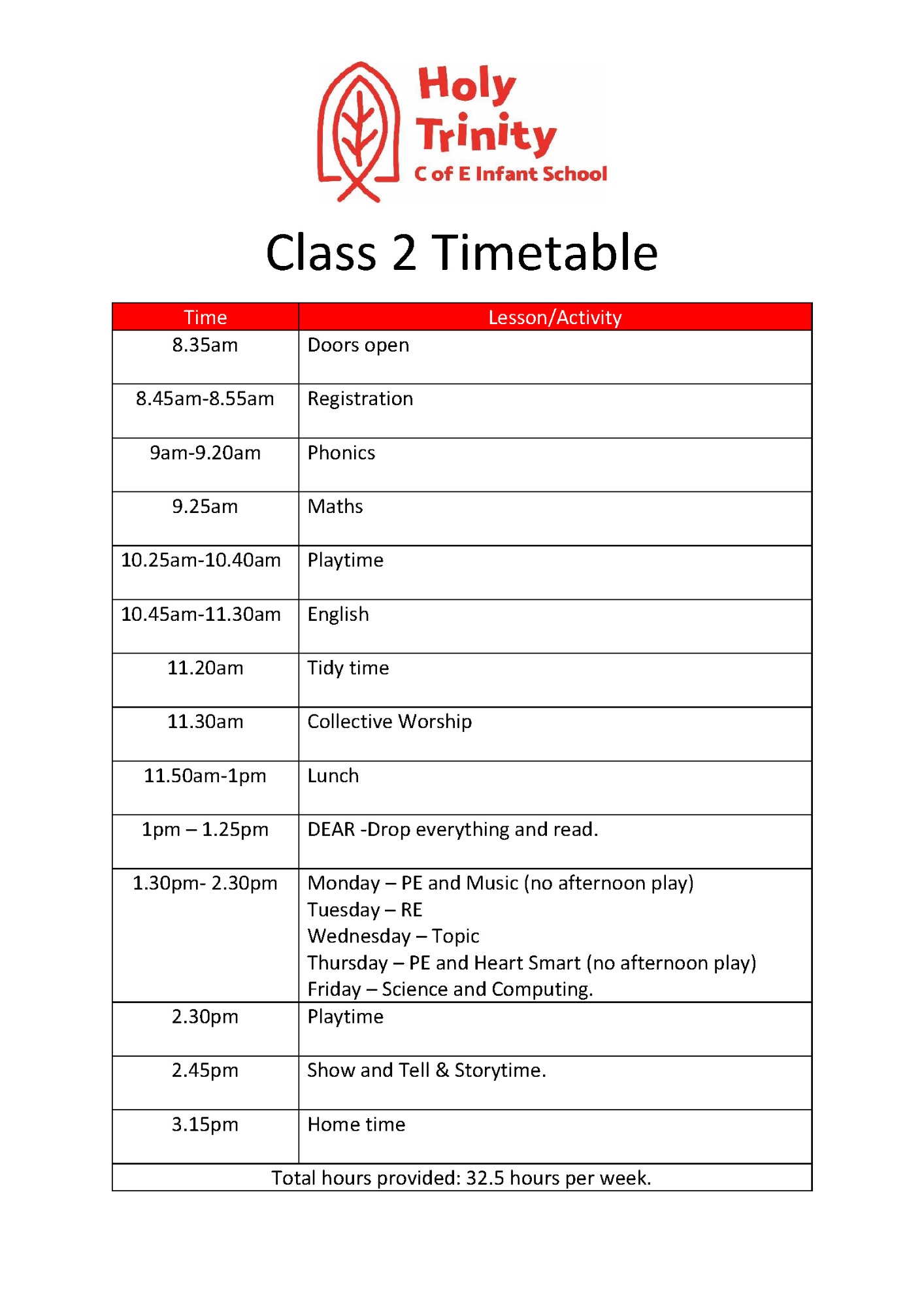 Class 2 timetable image